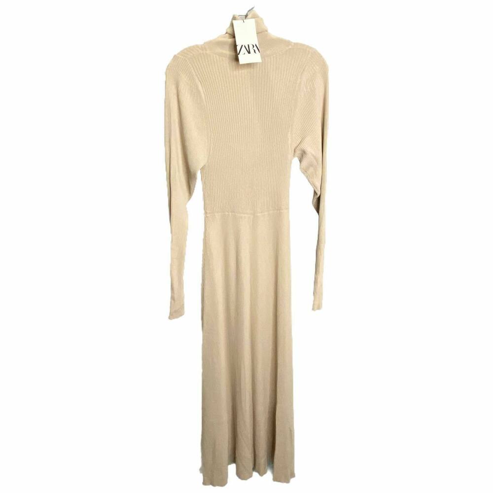 Zara Women's Size M Maxi Dress Beige Long Sleeve Ribbed Stretch Turtle Neck NWT - Picture 2 of 4